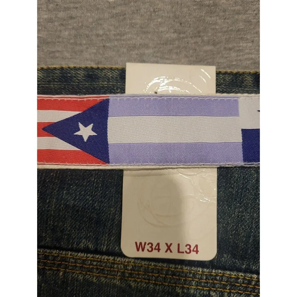 Blanco Label JEANS Blue Denim 34x34 Vintage Y2K Baggy Flag Belt New NWT‎